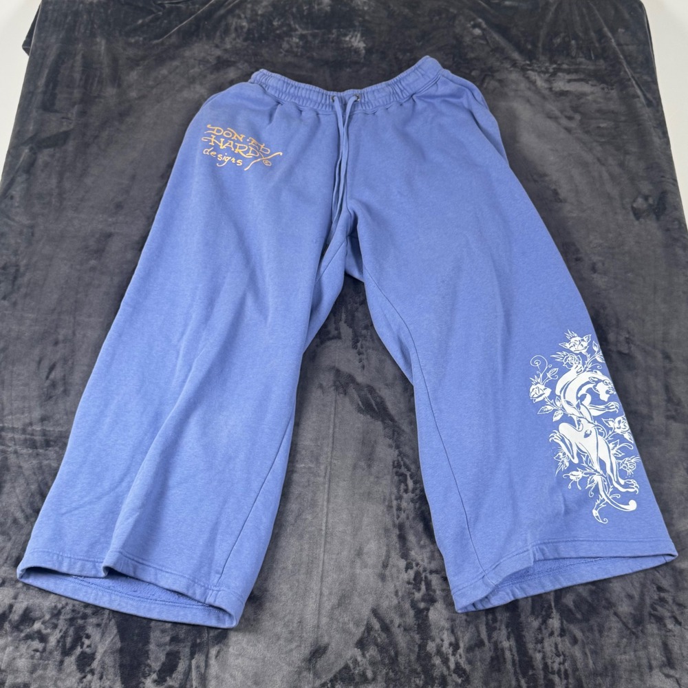 Ed Hardy Sweatpants Womens 1X Blue Wide Leg Tattoo Graphic Cropped Joggers